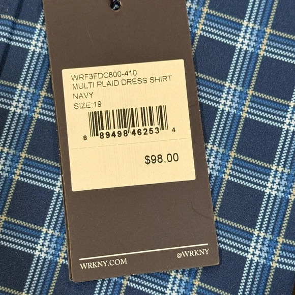 NWT WRK 4 Way Stretch Blue Plaid Button Down Regular Fit Dress Shirt Mens SZ 19 - Picture 4 of 9